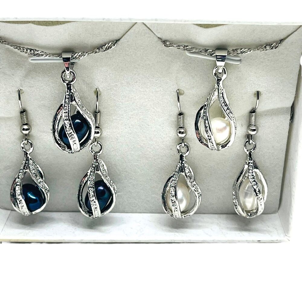 Necklace And Earrings Set Womens Silver Tone Faux Pearl Lobster Claw Clasp